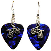 Bicycle Charm on Dark Blue Guitar Pick Earrings Handmade in the USA
