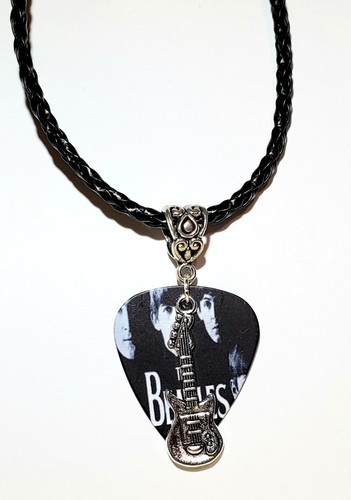 Electric Guitar Charm on a Beatles Guitar Pick, on a black, braided leather necklace