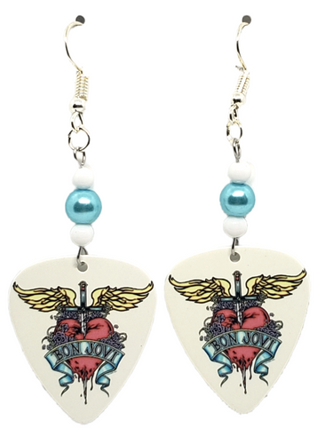 Jon Bon Jovi Logo Guitar Pick Beaded Earrings, Handmade in the USA