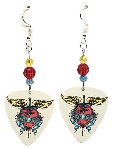 Jon Bon Jovi Logo Guitar Pick Beaded Earrings, Handmade in the USA