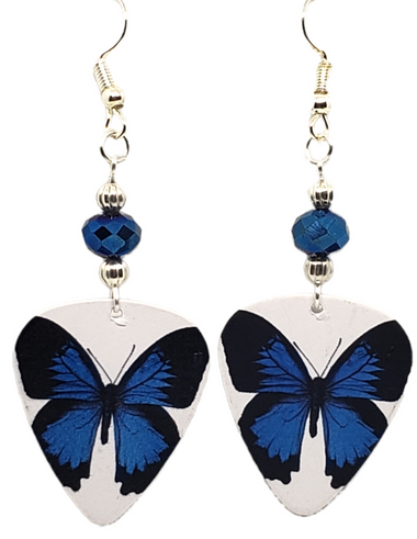Blue Butterfly Guitar Pick Earrings, Handmade in USA