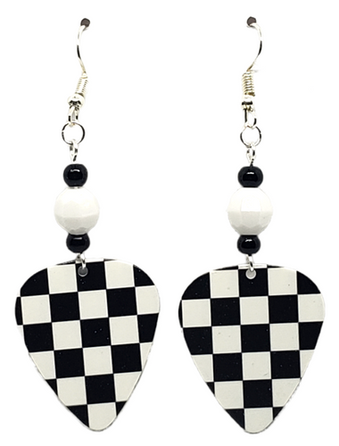 Nascar Racing Checkered Flag Guitar Pick Earrings, Handmade in the USA