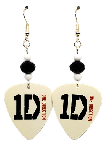 1D One Direction Logo on Guitar Pick Beaded Earrings, Handmade in USA