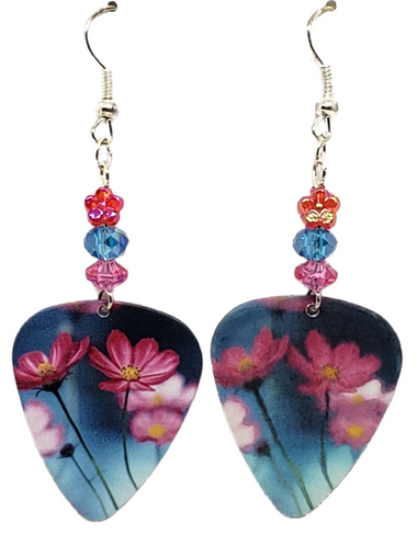 Pink Flowers on Guitar Pick Earrings, Handmade in the USA
