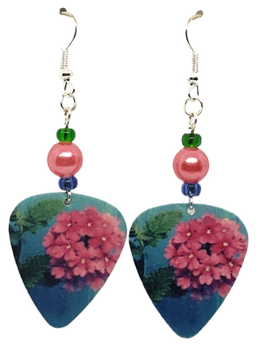 Pink Flowers on Guitar Pick Earrings, Handmade in the USA