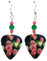 Pink Roses, Flower Guitar Pick Earrings, Handmade in the USA