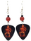 Flaming Skeleton Skull Guitar Pick Earrings, Handmade in the USA