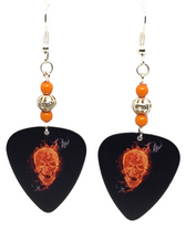 Flaming Orange Sm Skull #3 Guitar Pick Earrings, Handmade in the USA