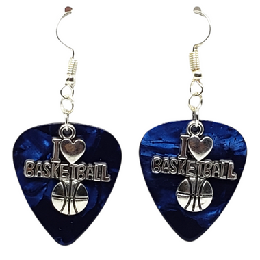 I Love Basketball Charm on Guitar Pick Earrings, Handmade in the USA