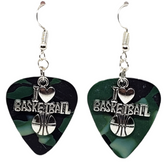 I Love Basketball Charm on Guitar Pick Earrings, Handmade in the USA