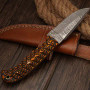 Damascus Steel knife 8' , leather sheath, Grooved handle, Hunting - FH Knives
