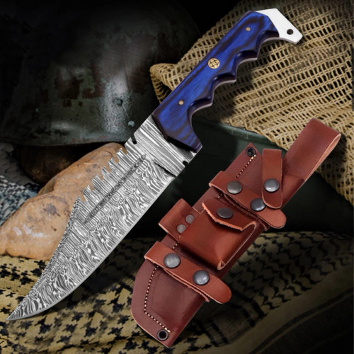 Damascus steel knife 12' , Blue Handle, Camping, Fishing, Hunting - FH Knives