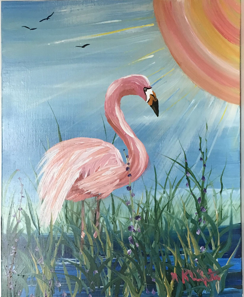 FLAMINGO - OIL PAINTING by Norm - Possum County Folk Art Gallery