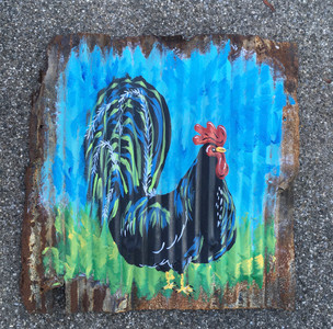 ROOSTER PAINTING on Corrugated Found Metal - 25" x 26"