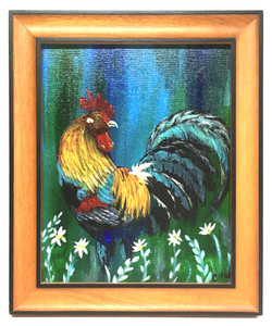 BLUE & GREEN ROOSTER PAINTING by Connie B Wallace
