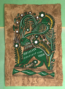 ANIMAL(?) & BIRD - COLORFUL PAINTING on CORK PAPER