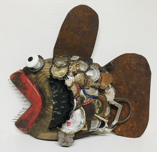 CARVED FISH by STEVE MEADOWS - Covered with found objects - (C)