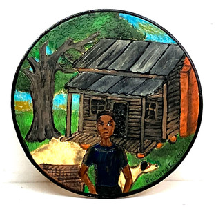 BOY & DOG at CABIN - (37) Round Wood by Richard Roebuck - WAS $45 -- NOW $30