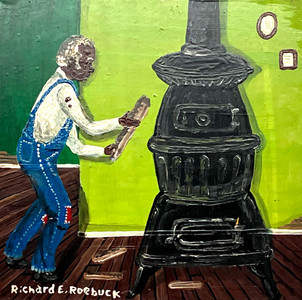 MAN PUTTING WOOD in STOVE ((36) byRichard Roebuck - WAS $60 -- NOW $40