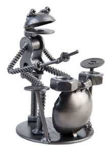 FROG PLAYING DRUMS - WHIMSICAL METAL SCULPTURE