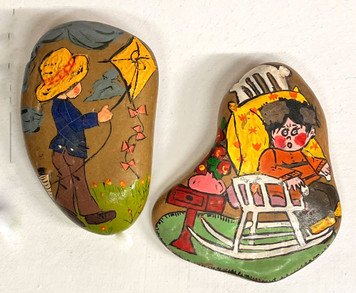 TWO PAINTED ROCKS - Kid with Kite - & Guy in Rocking Chair