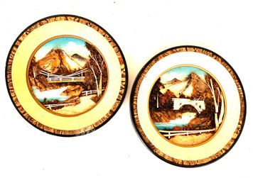 PAIR Japanese 3-D Tree BARK -  WALL HANGINGS -  6" diameter -  Mountains & Bridges