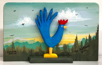 CARVED BLUE ROOSTER with a Colorful Background (15) by Minnie & George