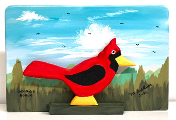 CARVED CARDINAL - Red Bird with a Colorful Background (11) by Minnie & George