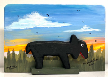 BLACK BEAR  CARVING with a Colorful Background (9) by Minnie & George
