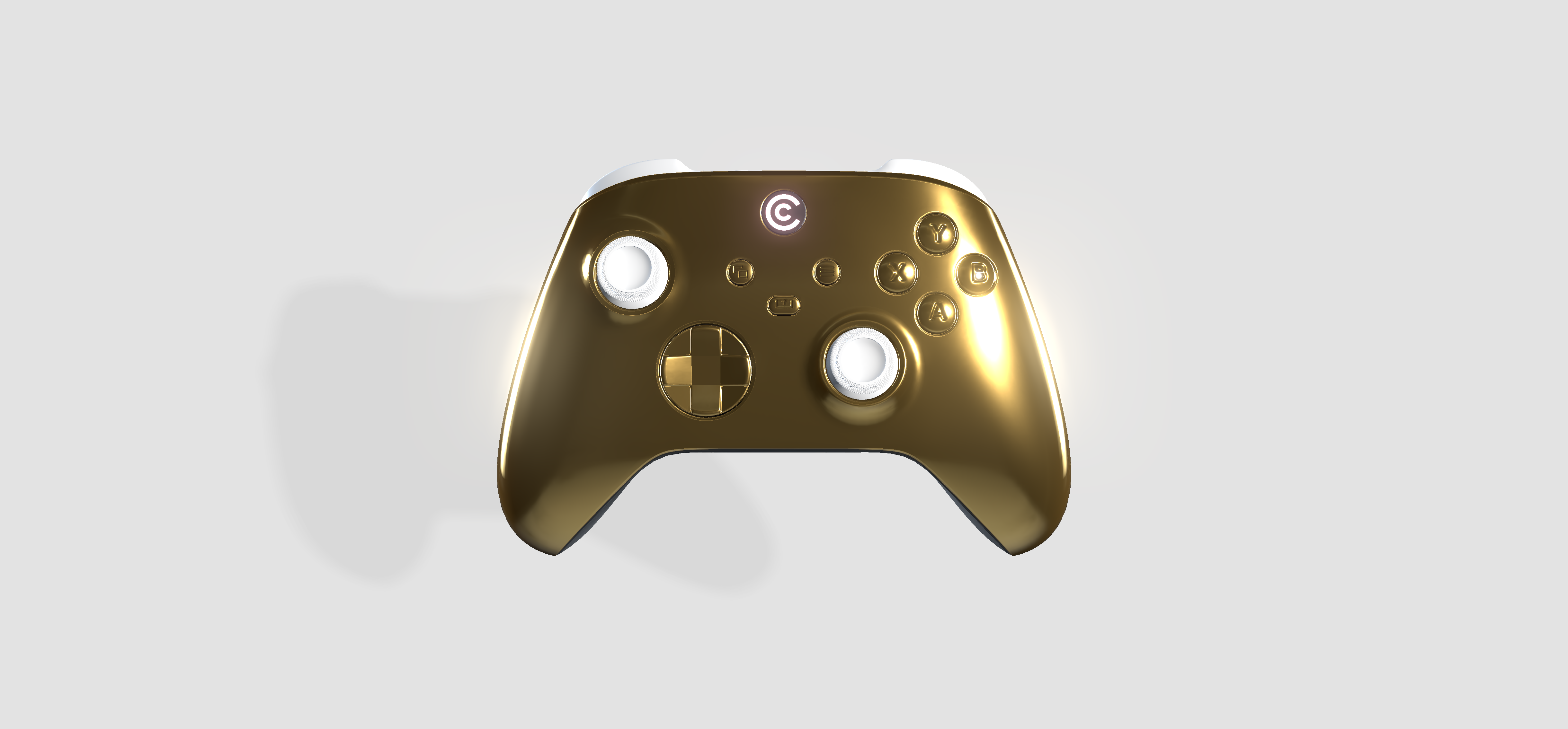 Custom Xbox Series X/S gold chrome controller with white thumbsticks built using the Custom Controllerzz 3D builder