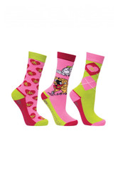 Hy Equestrian Childrens Thelwell Collection Hugs Pack of Three Socks - Pink/Lime/Hot Pink