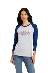 Ariat Ladies Varsity Long Sleeved T-Shirt - Front - Blue/Heather Grey