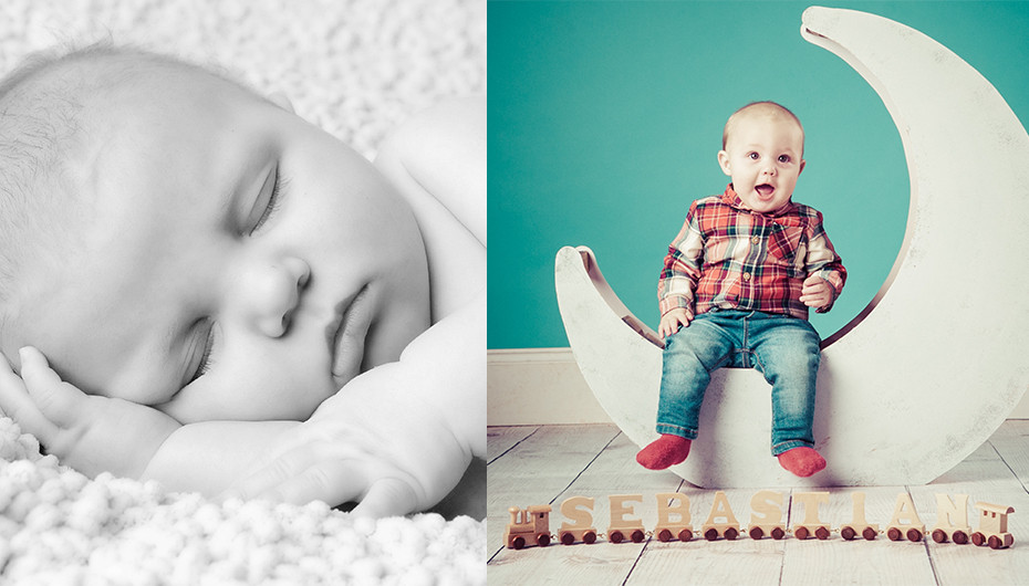 Collage of pictures. The left image shows a baby sleeping in black and white. The picture on the right shows a toddler sitting on a moon prop against a green background. Both images are by Emotion Studios. 