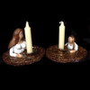 Mother and daughter lighting the Shabbat/Yom Tov candles; two pieces, handmade clay and glazed