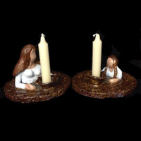Mother and daughter lighting the Shabbat/Yom Tov candles; two pieces, handmade clay and glazed