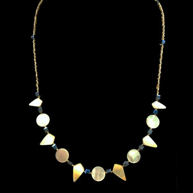 Handmade beaded necklace with shell and blue cube beads