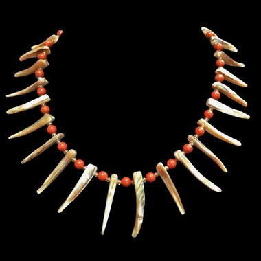 Handmade, one-of-a-kind oyster shell, red jasper beads, and Swarovski crystal necklace