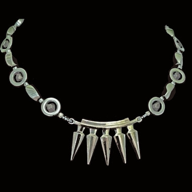 Handmade jewellery Goth-kinky necklace with central spikes and hematite beads