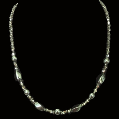 Handbeaded jewellery hematite twisted and round beads with crystals necklace