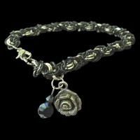 Handmade black and silver chain maille bracelet with rose and crystal drops