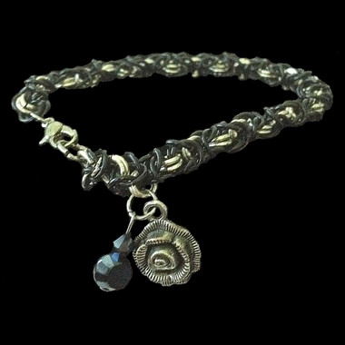 Handmade black and silver chain maille bracelet with rose and crystal drops