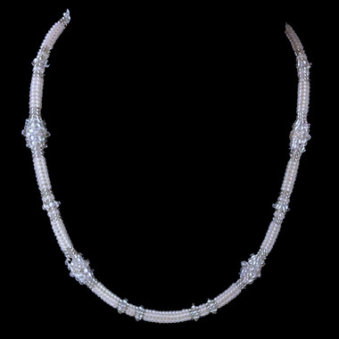 White bridal necklace with crystal "bubbles" and Sterling silver end cones and extender clasp