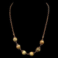 Camo necklace with Aqua Terra jasper, fire polish Czech beads, and copper chain and findings.