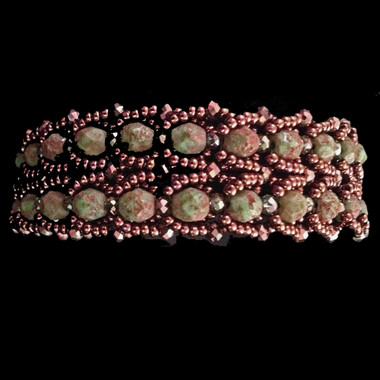 Camo bracelet with Apollo Czech beads, crystals, copper seed beads and findings