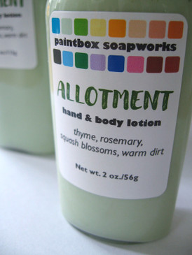 Allotment SAMPLE SIZE Organic Hand and Body Lotion - Thyme, Rosemary, Squash Blossoms, Warm Dirt... Summer Limited Edition