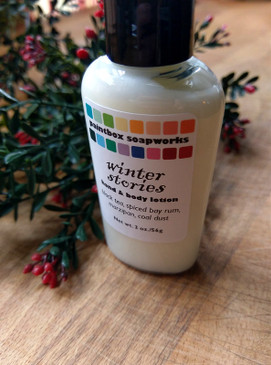 Winter Stories Organic Hand and Body Lotion SAMPLE SIZE - Tea, Bay Rum, Marzipan, Coal Dust... Yuletide Limited Edition