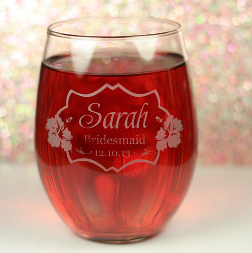 Stemless Wine Glasses Engraved with Personalized Wedding Hibiscus Design for Bridal Party (Set of 4)