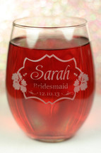 Stemless Wine Glasses Engraved with Personalized Wedding Hibiscus Design for Bridal Party Close Up
