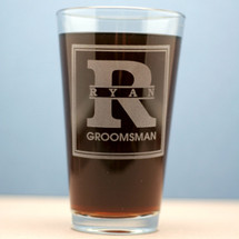 Engraved Pint Glasses Personalized with Groomsmen Large Initial and Name Theme (Set of 6 or 8)