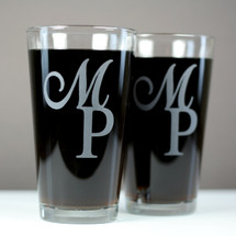 Engraved Newlywed Pint Glasses Featuring First Letter From Bride and Groom Names (Set of 2)